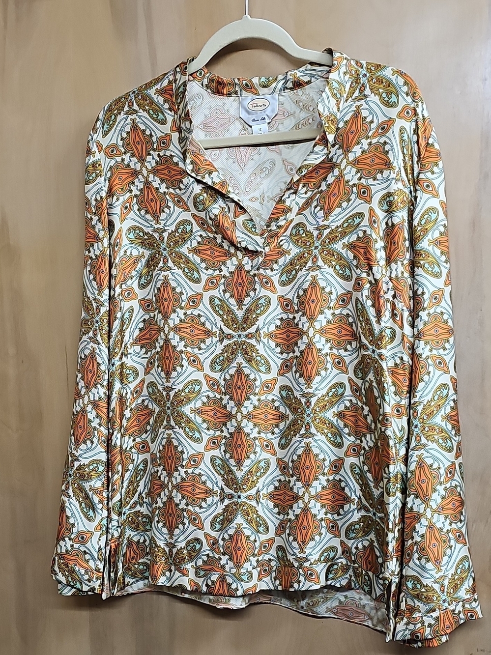 Talbots Women's 100% Silk Long-Sleeve Blouse - Orange & Cream